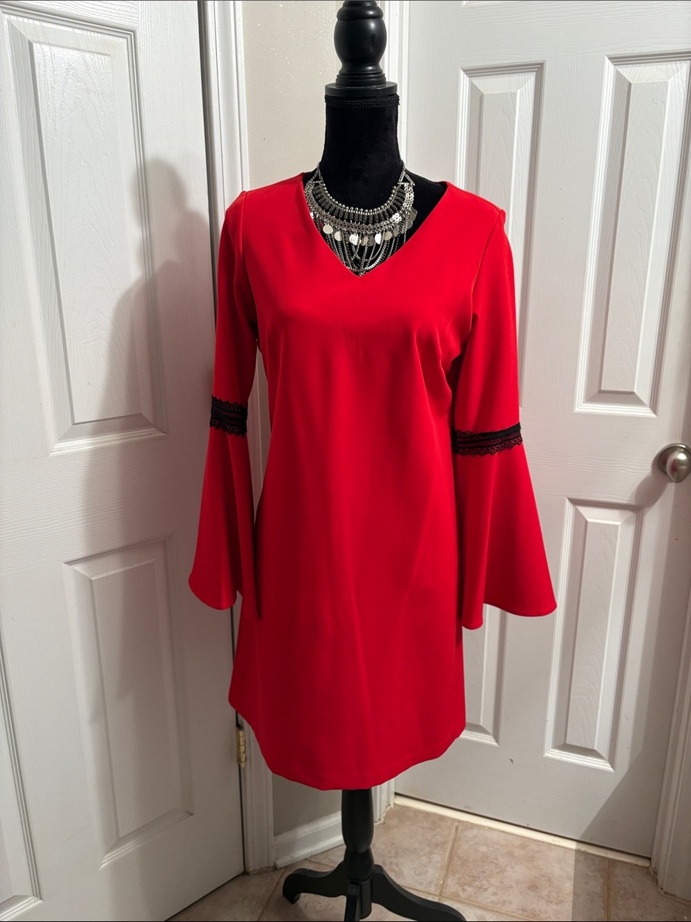 Sharagano Red V-Neck Bell Sleeve Dress with Black Lace Trim